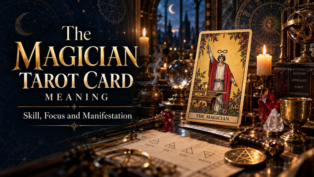 The Magician tarot card meaning banner with the The Magician card on a candlelit altar