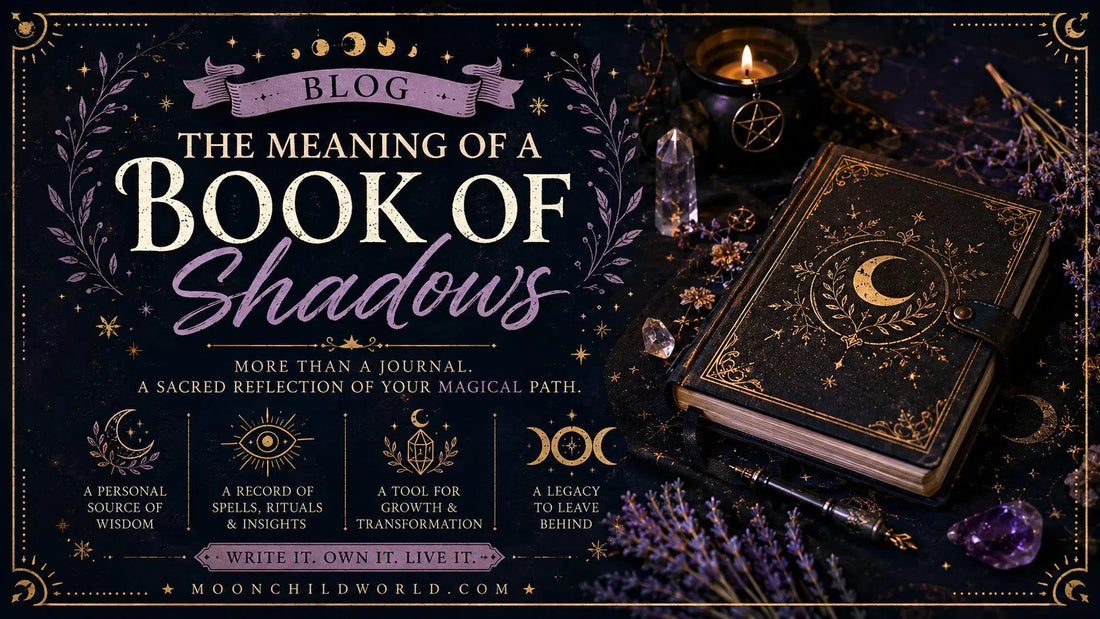 Book of Shadows with mystical symbols, crystals, and candlelight for exploring spiritual journaling ideas