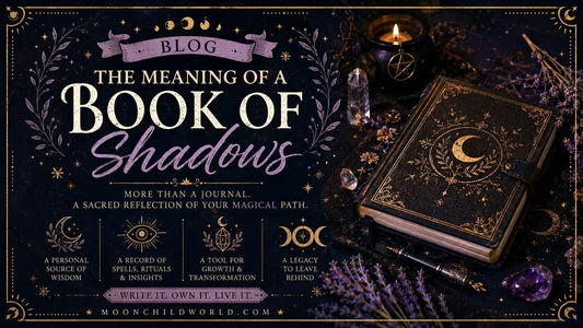 Book of Shadows with mystical symbols, crystals, and candlelight for exploring spiritual journaling ideas