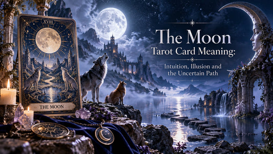 The Moon tarot card XVIII beside a wolf and a fox howling at a full moon over a castle and a stepping-stone path