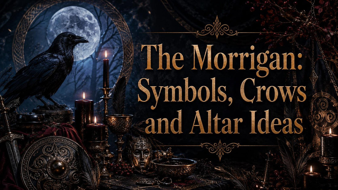 Mystical altar setup with crows, candles, and Celtic symbols for The Morrigan inspiration