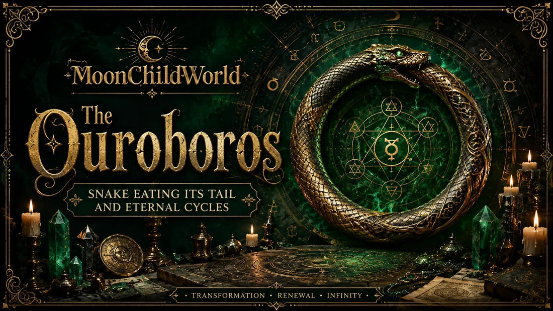 Golden ouroboros snake symbolizing eternal cycles and transformation in mystical, alchemical setting