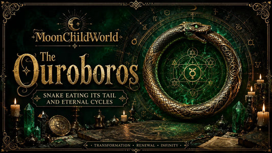 Golden ouroboros snake symbolizing eternal cycles and transformation in mystical, alchemical setting