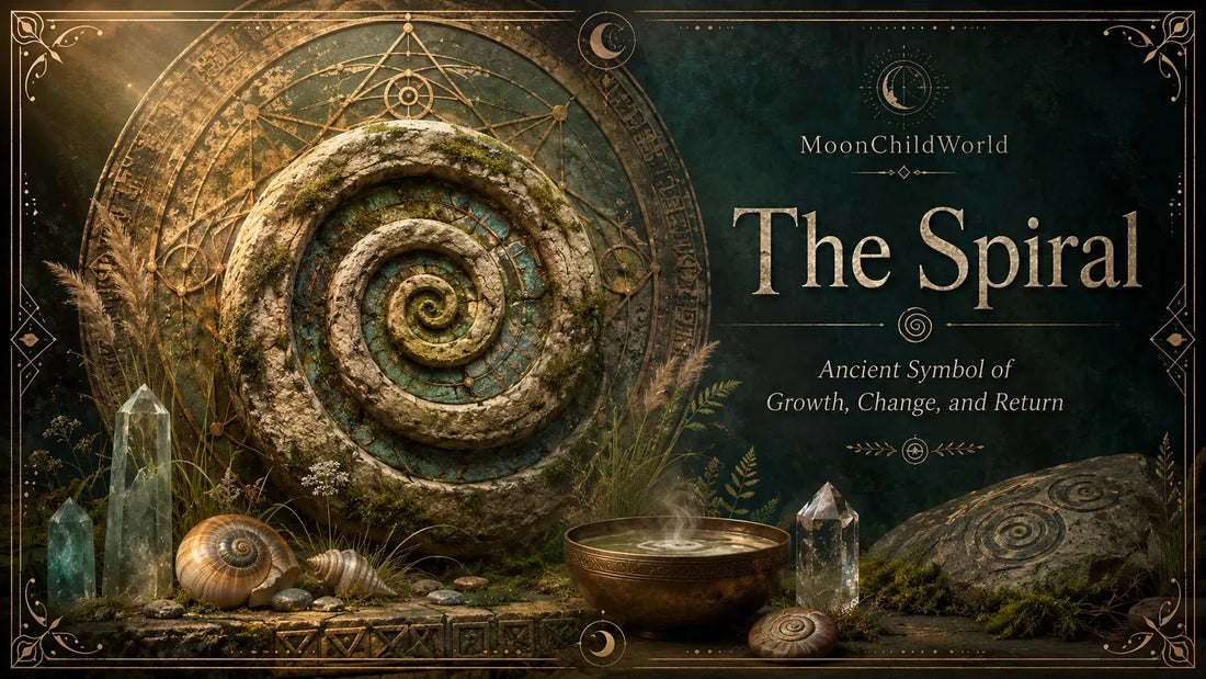 Ancient spiral symbol surrounded by crystals and shells representing growth, change, and return
