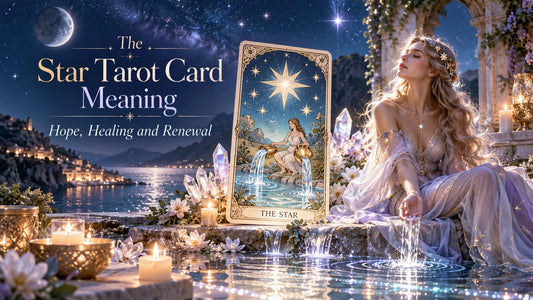The Star tarot card meaning banner with the The Star card on a candlelit altar