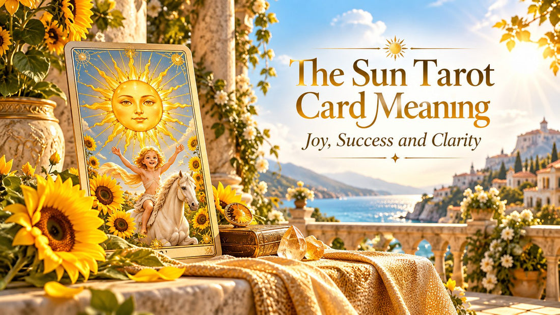 The Sun tarot card meaning banner with the The Sun card on a candlelit altar