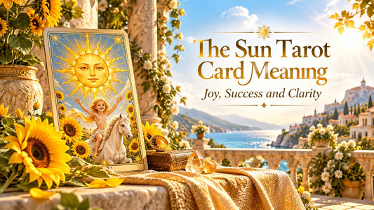 The Sun tarot card meaning banner with the The Sun card on a candlelit altar