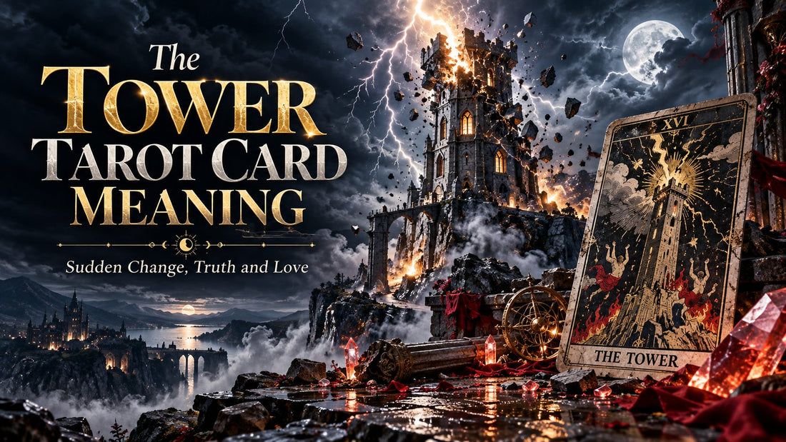 The Tower tarot card meaning banner with the The Tower card on a candlelit altar
