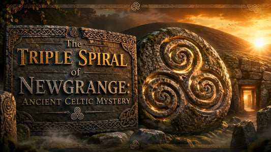 Ancient Celtic mystery at Newgrange with the triple spiral symbol illuminated by sunrise