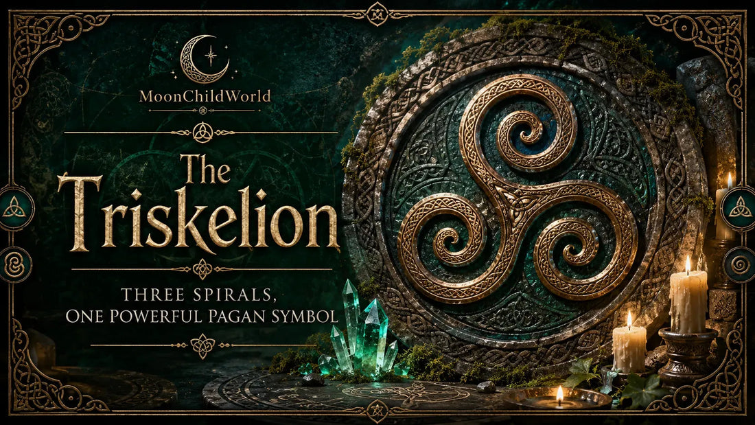 Ancient triskelion symbol with glowing crystals and candles, exploring the meaning of the triskelion