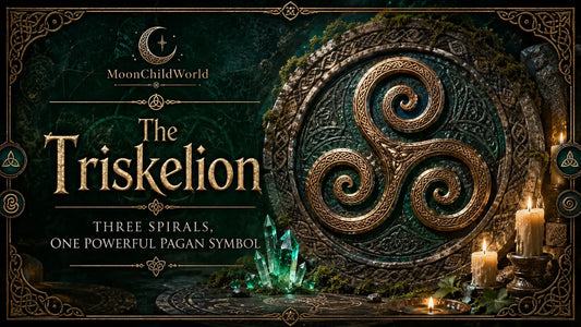 Ancient triskelion symbol with glowing crystals and candles, exploring the meaning of the triskelion