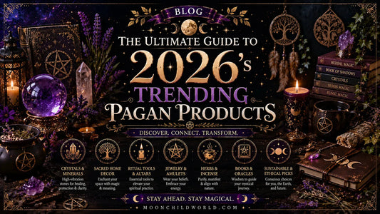 Mystical altar with crystals, candles, and pagan ritual accessories featuring trending wicca new jewelry for 2026