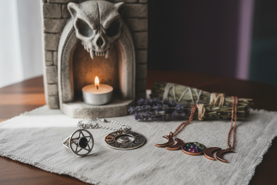 Pagan ritual accessories and wicca new jewelry displayed with trending pagan products for spiritual inspiration