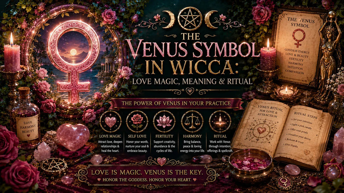 Wicca Venus symbol surrounded by candles, roses, and ritual tools for love magic and spiritual practice