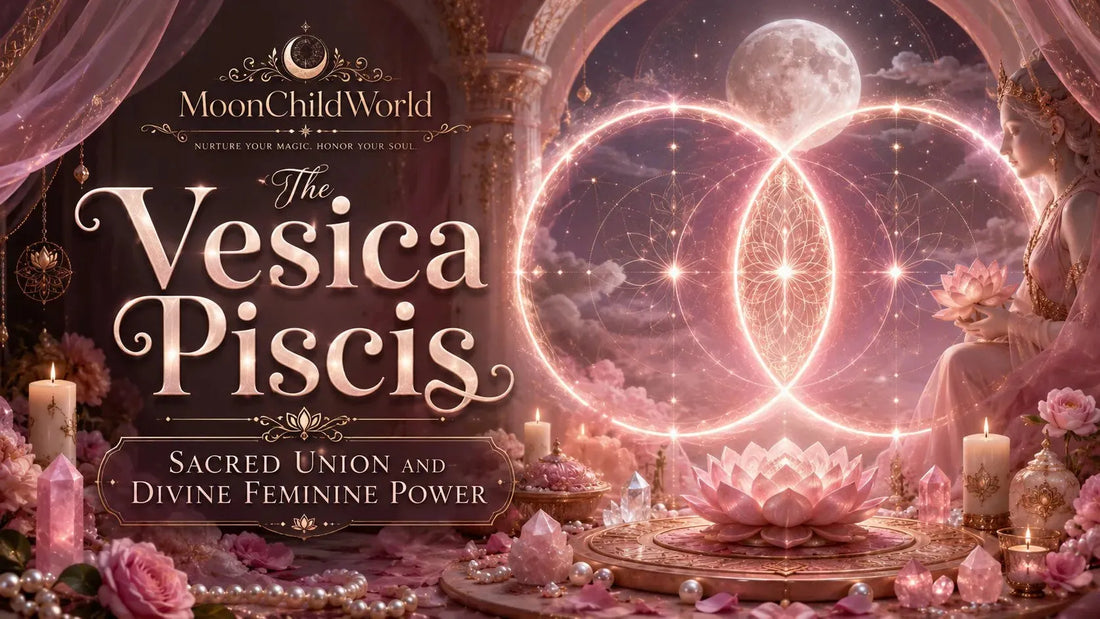 Elegant vesica piscis symbol with glowing lotus flowers, crystals, and divine feminine energy in a mystical setting