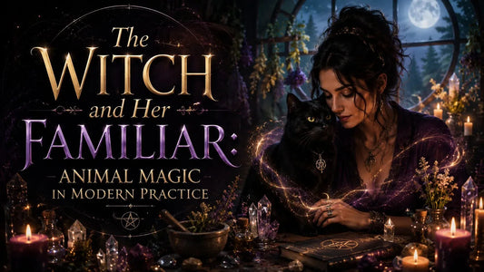 A witch and her black cat familiar practicing animal magic by candlelight in a mystical setting