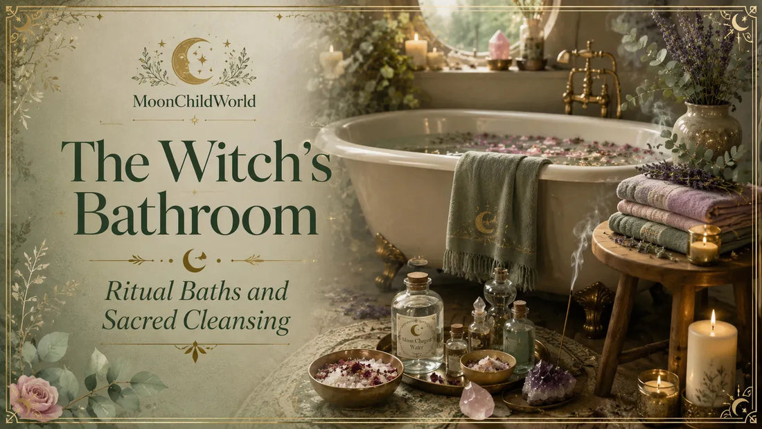 Cozy witch’s bathroom with ritual bath essentials, crystals, and candles for sacred cleansing inspiration