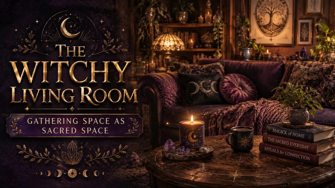 Cozy witchy living room decor with mystical accents and books for creating a sacred gathering space