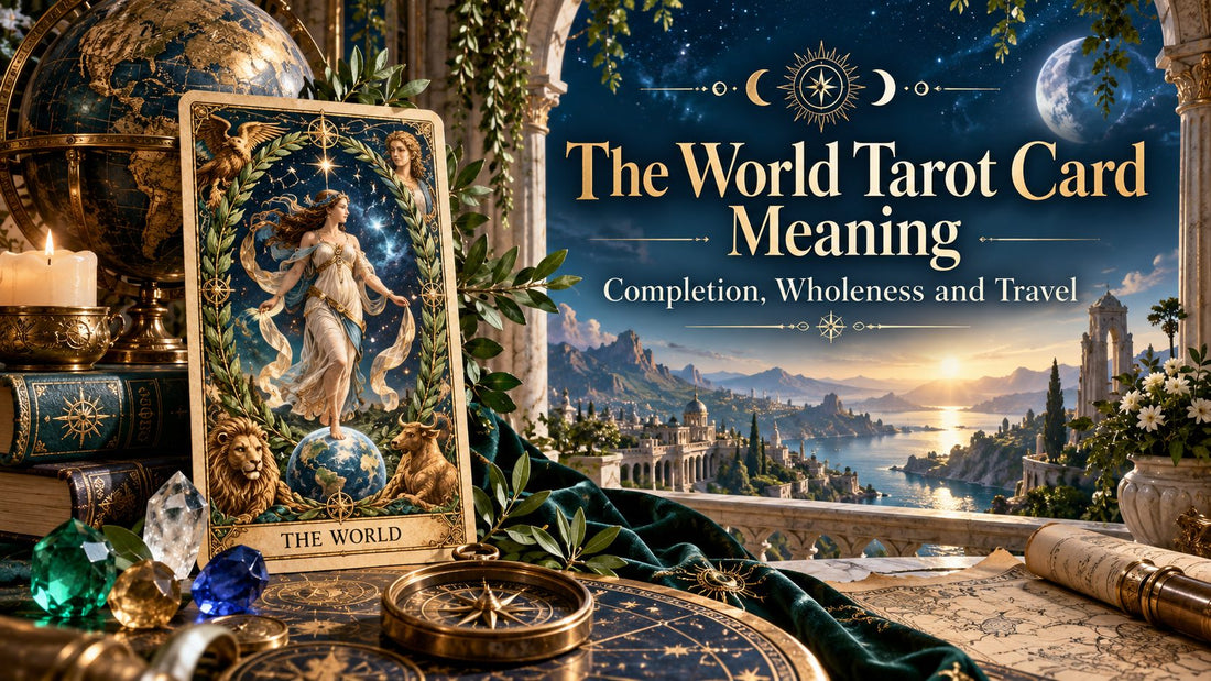 The World tarot card meaning banner with the The World card on a candlelit altar