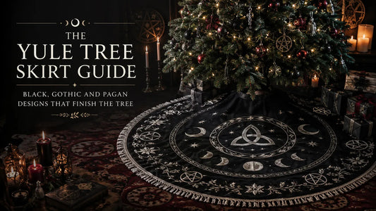 Black gothic Yule tree skirt with pagan symbols under a decorated Christmas tree for unique holiday style