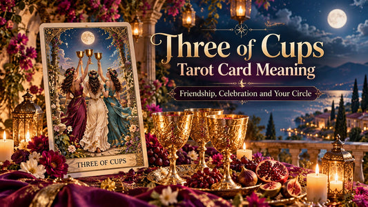 Three of Cups tarot card meaning banner with the Three of Cups card beside candles and golden cups