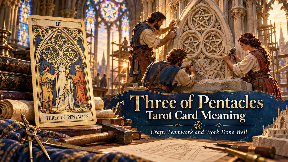 Three of Pentacles tarot card meaning banner with the Three of Pentacles card in a sunlit scene