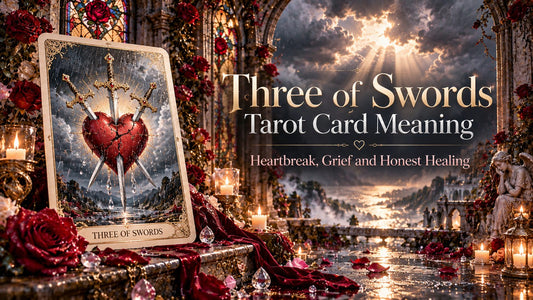 Three of Swords tarot card meaning banner with the Three of Swords card in a candlelit stone hall