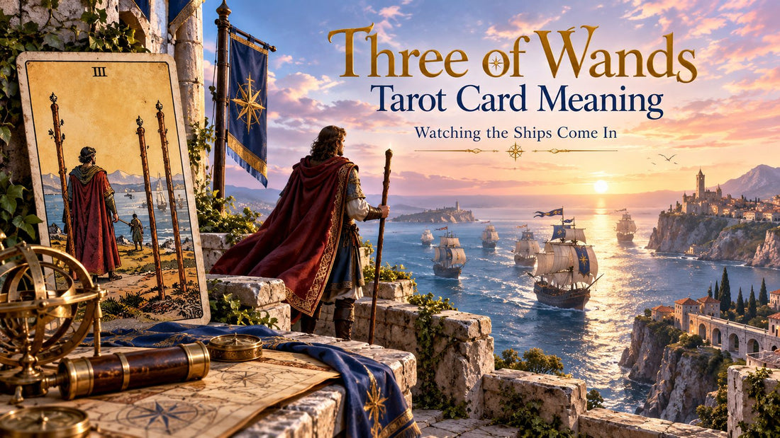 Three of Wands tarot card meaning banner with the Three of Wands card in a sunlit scene