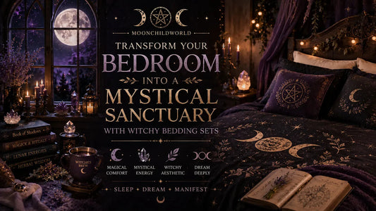 Enchanting bedroom decor with mystical sanctuary bedding and moonlit accents for a cozy, witchy atmosphere