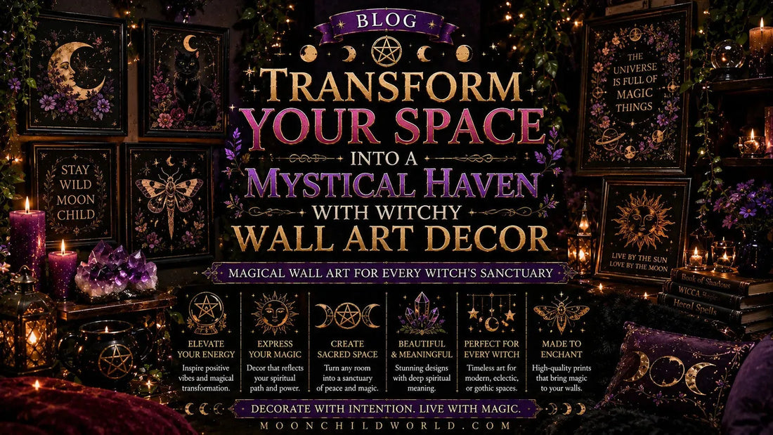 Witchy wall art decor with moon phases, mystical landscapes, crystals, and candles for a magical home vibe
