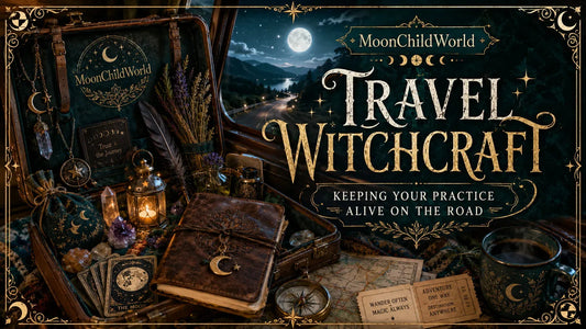 Travel witchcraft essentials displayed in a suitcase with crystals, tarot cards, and magical tools for spiritual journeys
