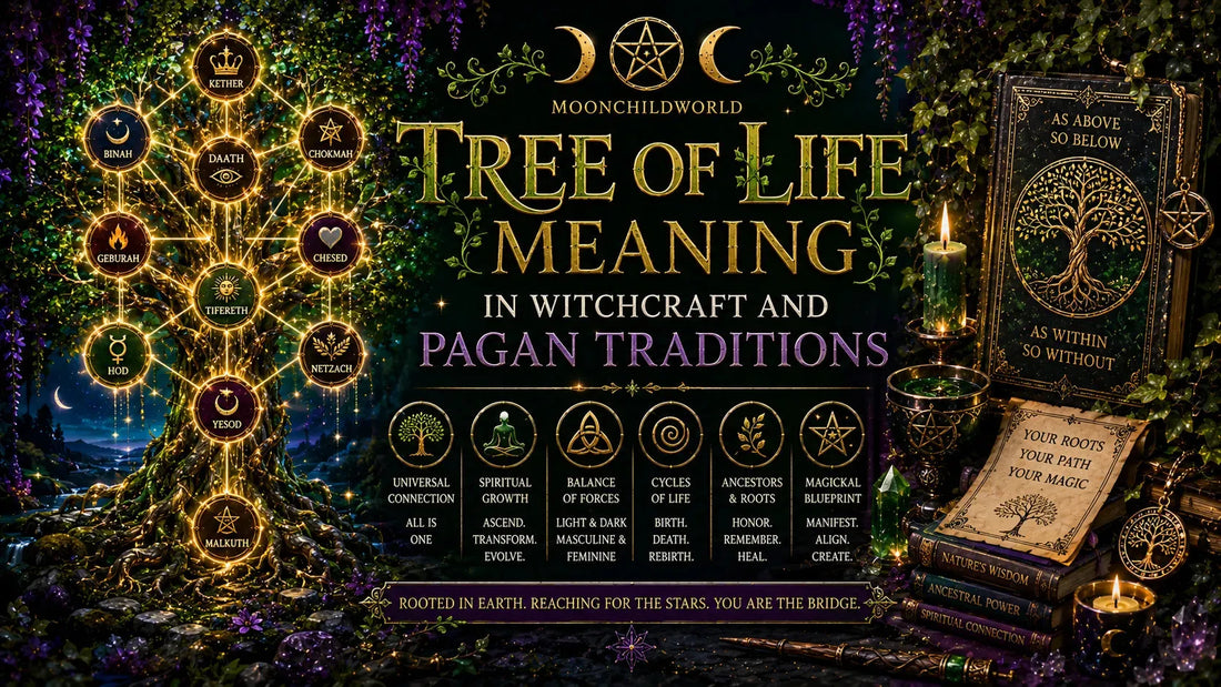 Tree of life symbolism in witchcraft and pagan traditions with mystical decor and magical books
