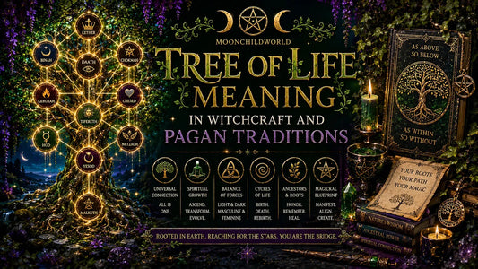 Tree of life symbolism in witchcraft and pagan traditions with mystical decor and magical books