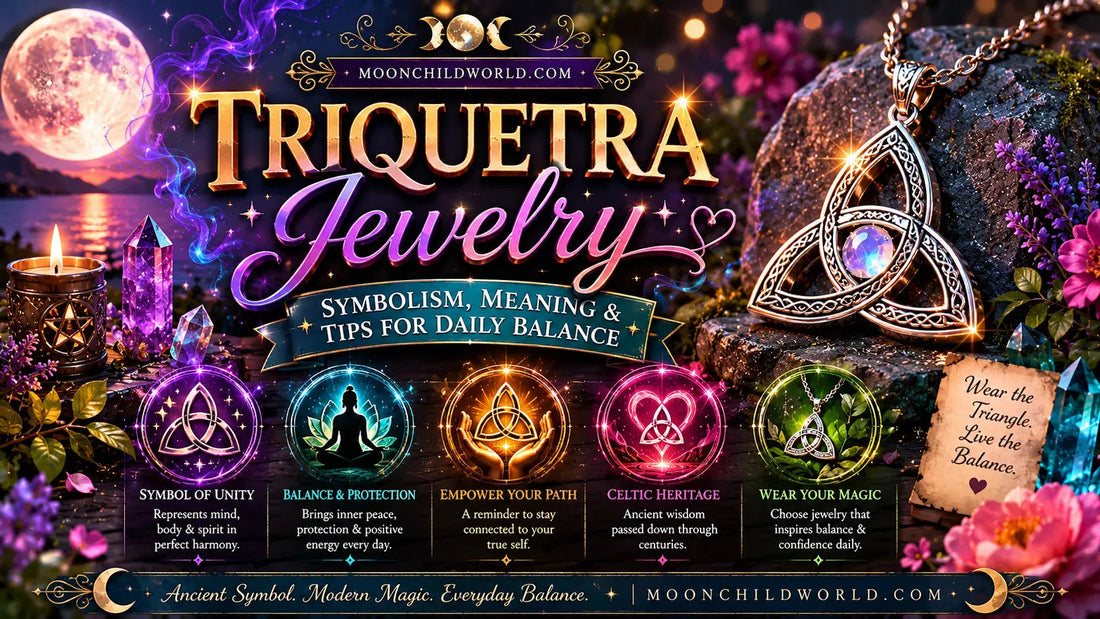 Triquetra jewelry featuring mystical symbols and crystals, highlighting balance and meaning for daily inspiration