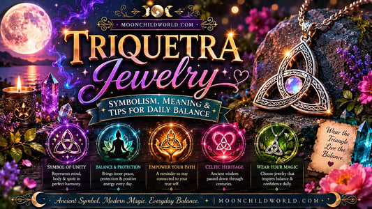 Triquetra jewelry featuring mystical symbols and crystals, highlighting balance and meaning for daily inspiration
