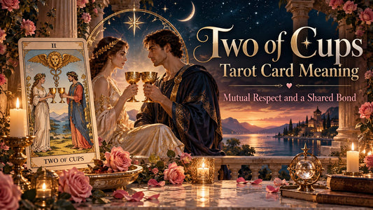 Two of Cups tarot card meaning banner with the Two of Cups card beside candles and golden cups