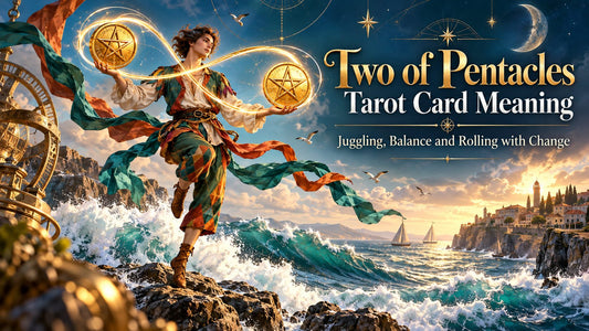 Two of Pentacles tarot card meaning banner with the Two of Pentacles card in a sunlit scene