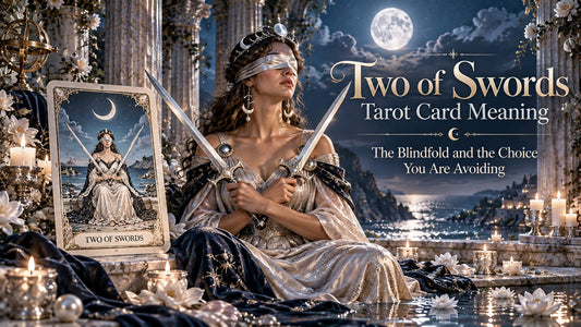 Two of Swords tarot card meaning banner with the Two of Swords card in a candlelit stone hall