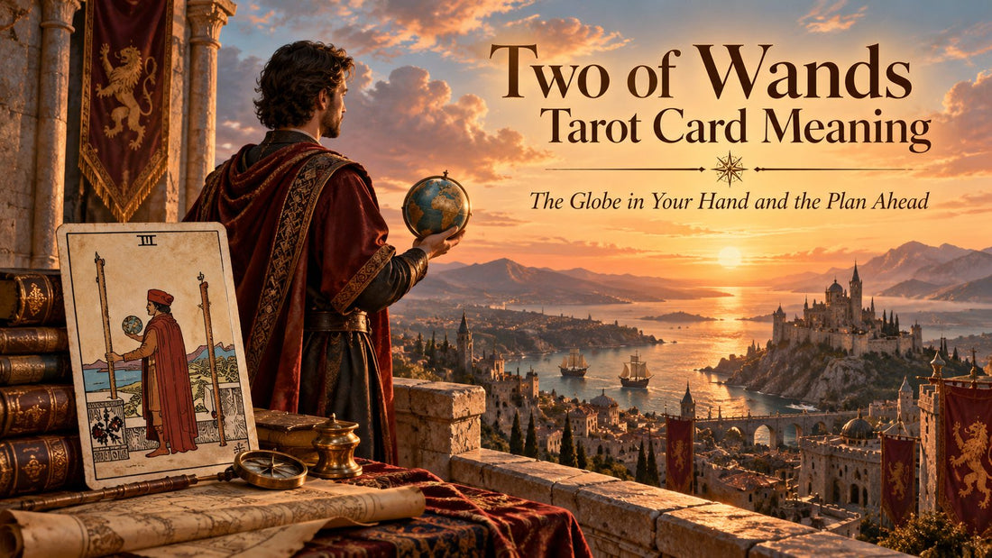 Two of Wands tarot card meaning banner with the Two of Wands card in a sunlit scene