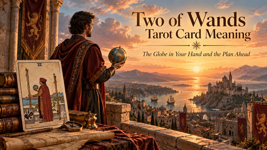 Two of Wands tarot card meaning banner with the Two of Wands card in a sunlit scene