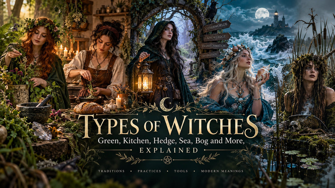 Five witches side by side, green witch, kitchen witch, hedge witch, sea witch and bog witch, in their own settings