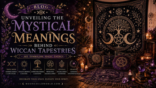 Mystical wiccan tapestries with moon phases and pentacle design for witch, pagan, and gothic home decor