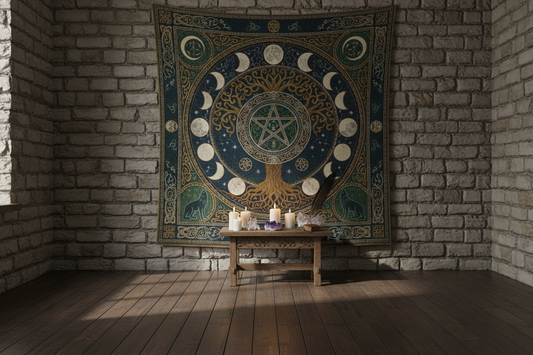 Mystical wiccan tapestries with moon phases and pentacle design for witch, pagan, and gothic home decor