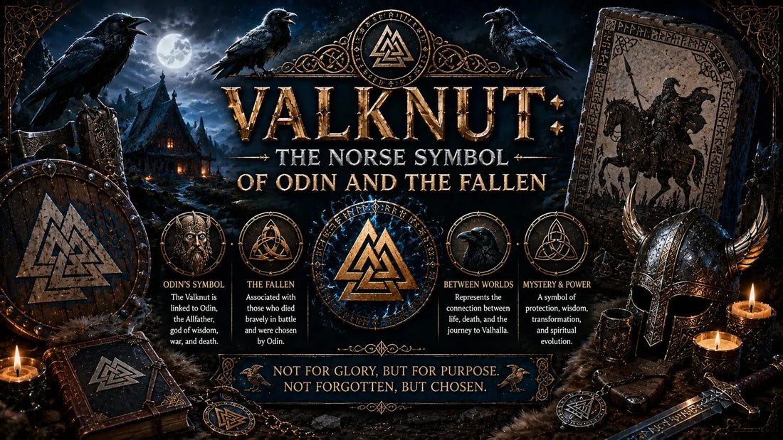 Valknut Norse symbol displayed with Odin’s helmet, runes, and Viking artifacts in a mystical night scene