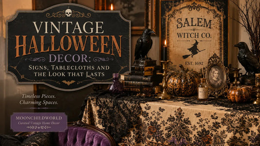 Vintage Halloween decor with gothic tablecloths, pumpkins, and spooky signs for charming seasonal inspiration