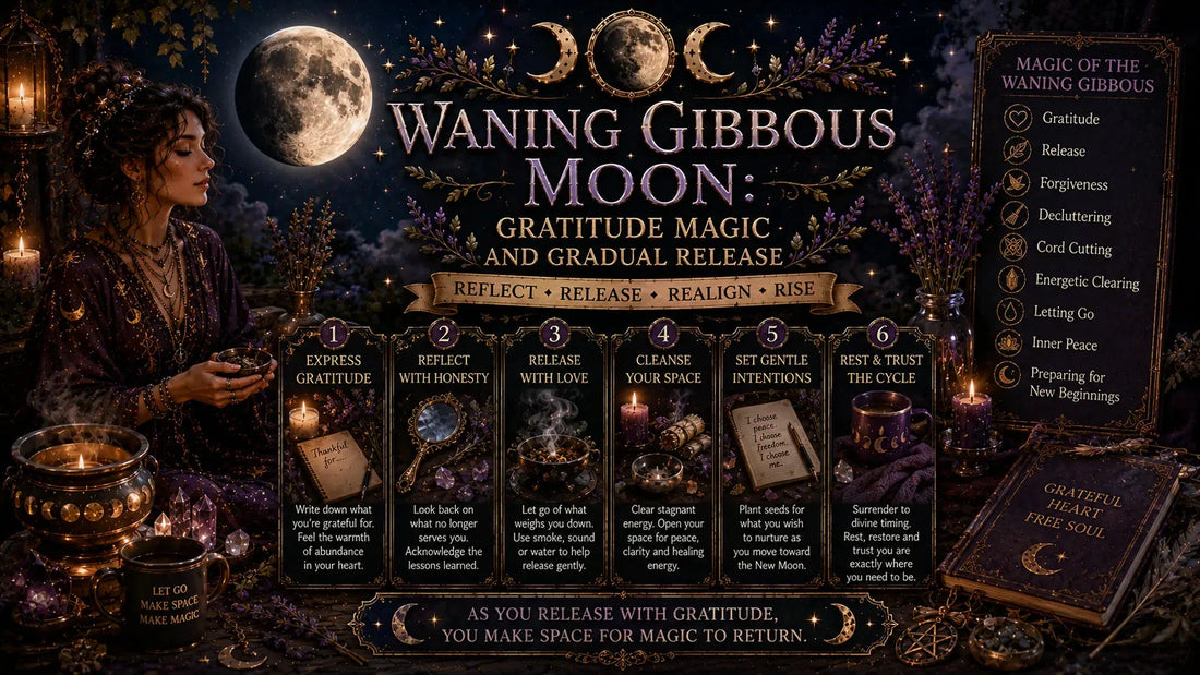 Waning gibbous moon rituals for gratitude magic and gradual release with mystical decor and candles