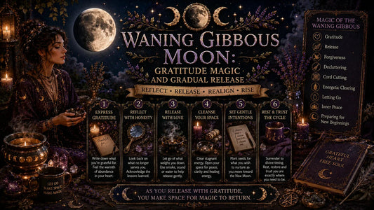 Waning gibbous moon rituals for gratitude magic and gradual release with mystical decor and candles