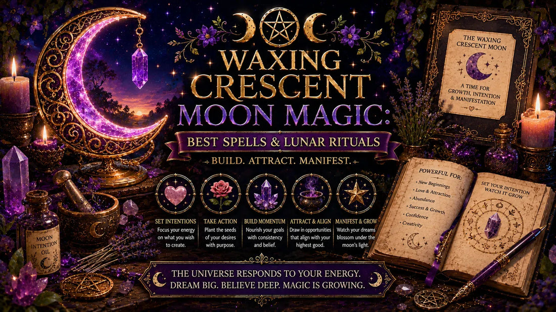 Waxing crescent moon magic altar with crystals, candles, and spellbooks for lunar rituals and intentions