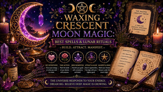 Waxing crescent moon magic altar with crystals, candles, and spellbooks for lunar rituals and intentions