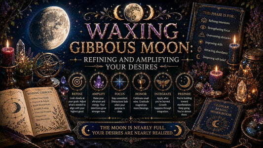 Waxing gibbous moon ritual setup with crystals, candles, and books for refining and amplifying your desires